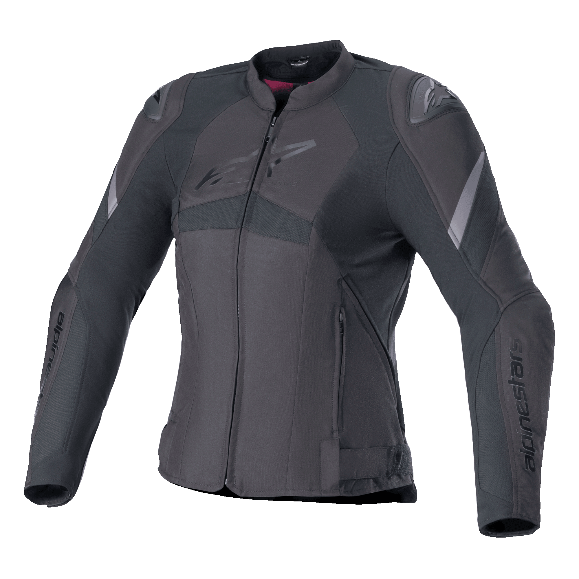 Alpinestars Stella T-GP Plus R V4, casaco de motociclismo têxtil para mulher, preto, com design desportivo ajustado, fecho de correr frontal, protetores de ombro externos e detalhes discretos do logótipo no peito e nas mangas