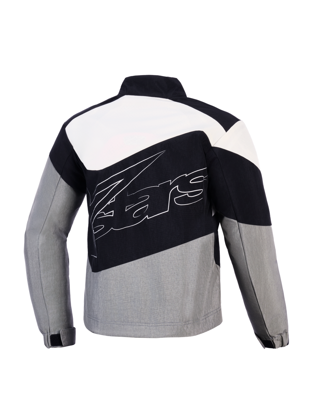 Alpinestars Stella Moshell Jacket, Women's Urban Motorcycle Jacket, Black and Gray windproof textile, rear view.