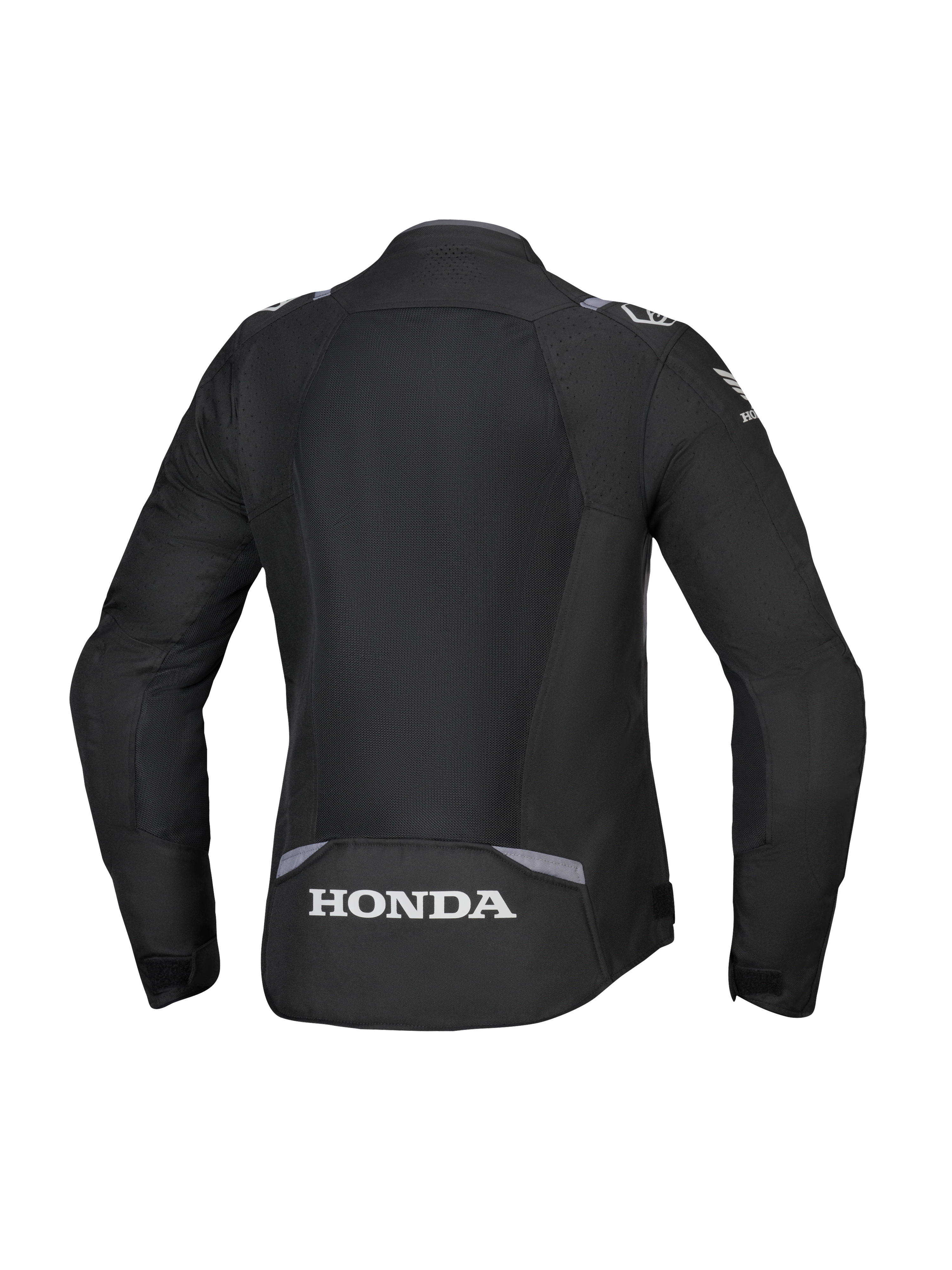 Alpinestars Honda Woman Stella T-SPS Air V2 Jacket, Rear View, Black with Dark Gray and Ice Gray accents, featuring a large tech mesh back panel and white Honda logo on the lower back, performance-orientated women's specific fit.