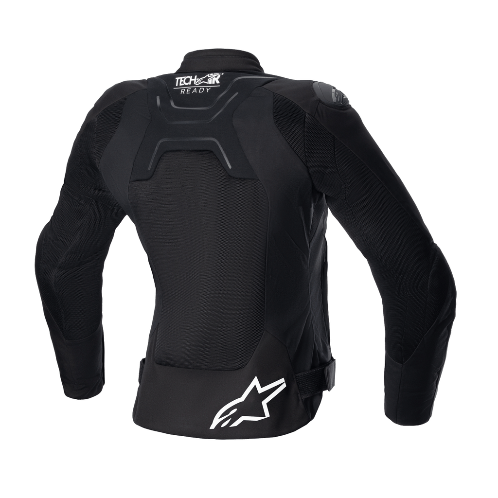 Jaqueta Stella SMX Air Feminina Alpinestars, vista traseira, preta, com painéis traseiros em malha para fluxo de ar, marca Tech-Air Ready na parte superior das costas, logótipo da estrela Alpinestars em branco na parte inferior das costas, tiras de ajuste na cintura, casaco de motociclismo têxtil desportivo de estrada