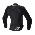 Jaqueta Stella SMX Air Feminina Alpinestars, vista traseira, preta, com painéis traseiros em malha para fluxo de ar, marca Tech-Air Ready na parte superior das costas, logótipo da estrela Alpinestars em branco na parte inferior das costas, tiras de ajuste na cintura, casaco de motociclismo têxtil desportivo de estrada