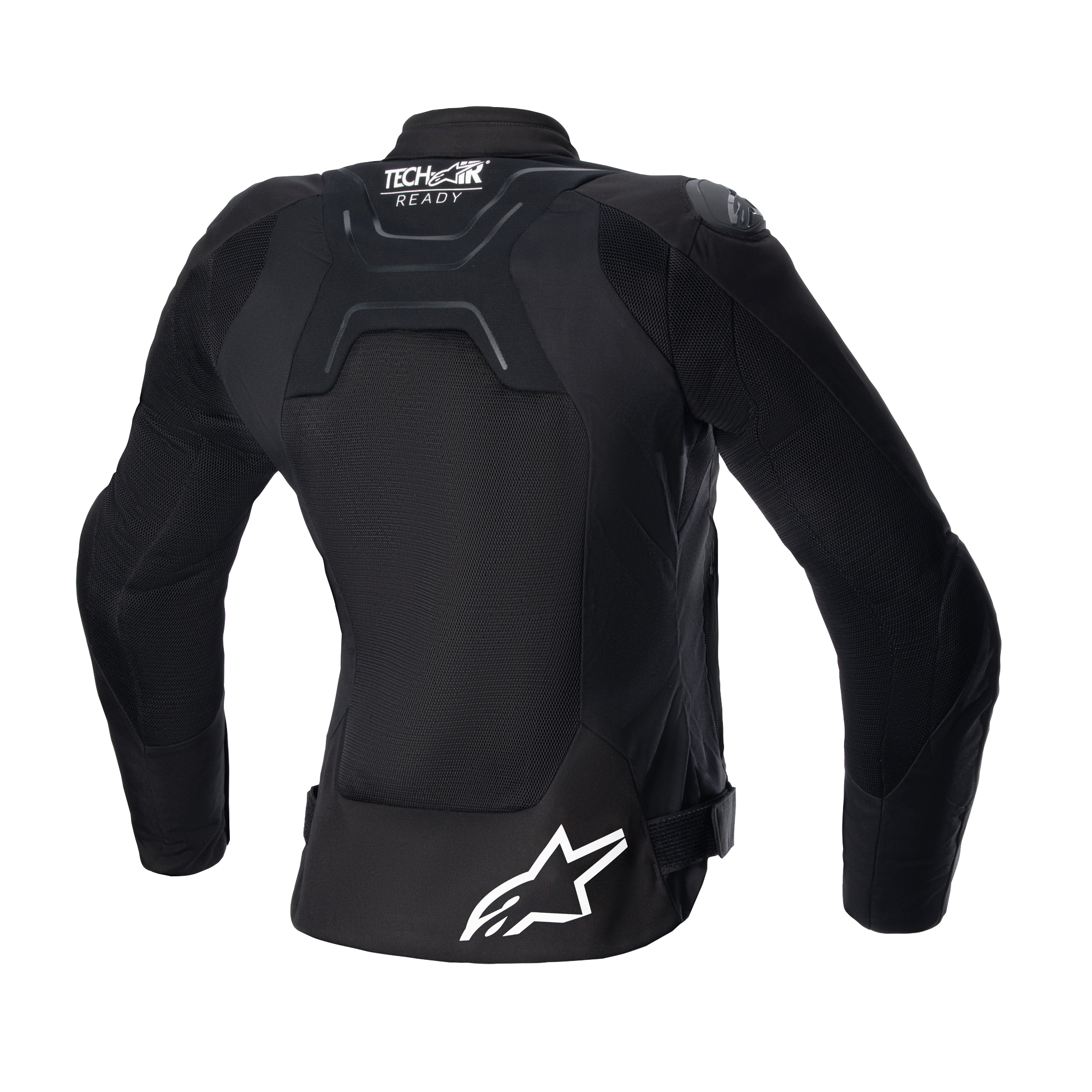 Jaqueta Stella SMX Air Feminina Alpinestars, vista traseira, preta, com painéis traseiros em malha para fluxo de ar, marca Tech-Air Ready na parte superior das costas, logótipo da estrela Alpinestars em branco na parte inferior das costas, tiras de ajuste na cintura, casaco de motociclismo têxtil desportivo de estrada