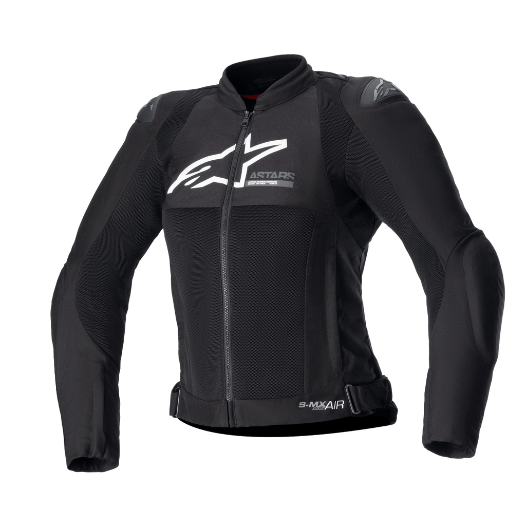Alpinestars Stella SMX Air Jacket para mulher, casaco de motociclismo em tecido e malha preto, logótipo branco no peito, fecho frontal, gola alta, sliders exteriores nos ombros, construção em malha respirável, design desportivo para condução no verão