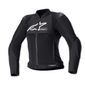 Alpinestars Stella SMX Air Jacket para mulher, casaco de motociclismo em tecido e malha preto, logótipo branco no peito, fecho frontal, gola alta, sliders exteriores nos ombros, construção em malha respirável, design desportivo para condução no verão