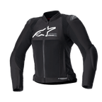Alpinestars Stella SMX Air Jacket para mulher, casaco de motociclismo em tecido e malha preto, logótipo branco no peito, fecho frontal, gola alta, sliders exteriores nos ombros, construção em malha respirável, design desportivo para condução no verão