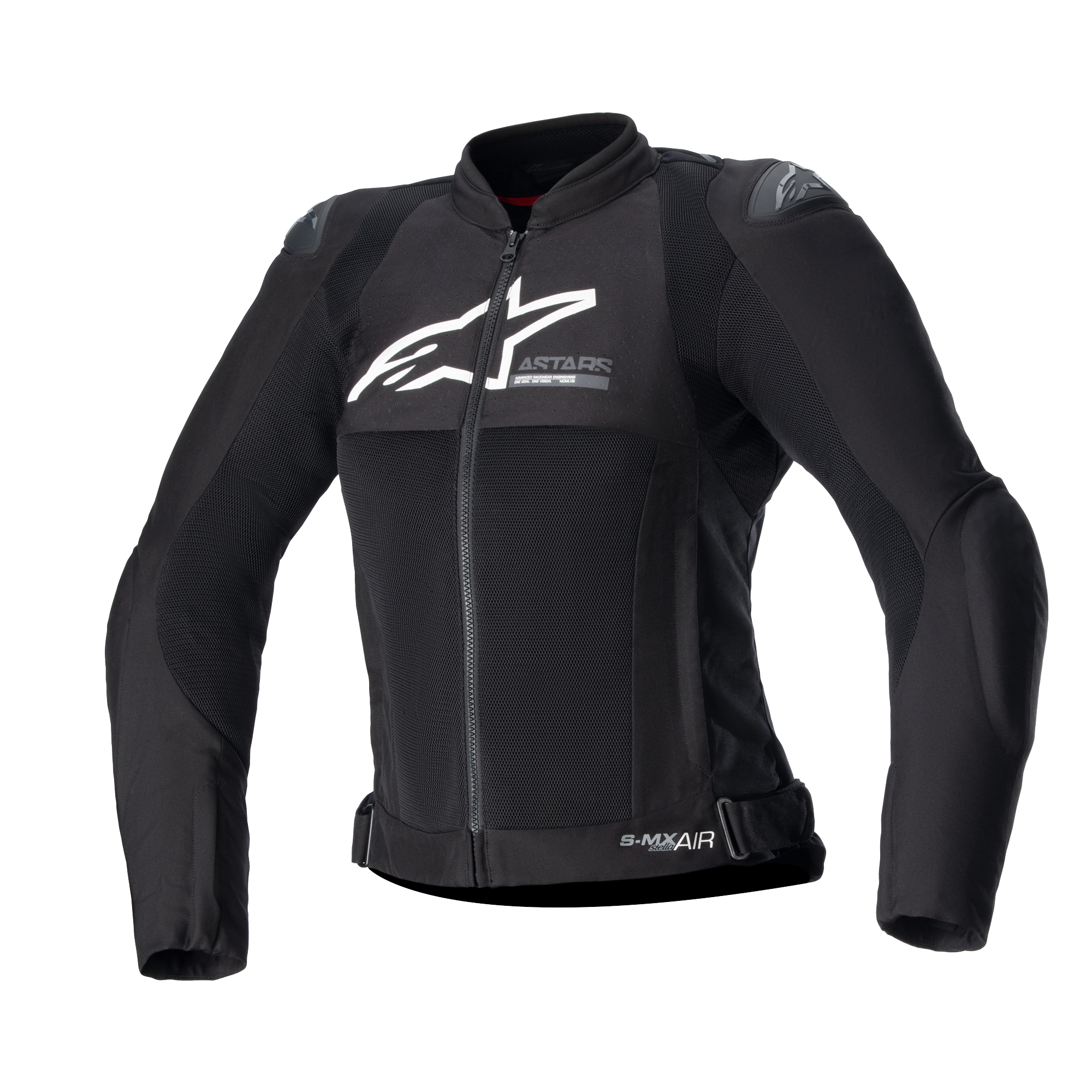 Alpinestars Stella SMX Air Jacket para mulher, casaco de motociclismo em tecido e malha preto, logótipo branco no peito, fecho frontal, gola alta, sliders exteriores nos ombros, construção em malha respirável, design desportivo para condução no verão