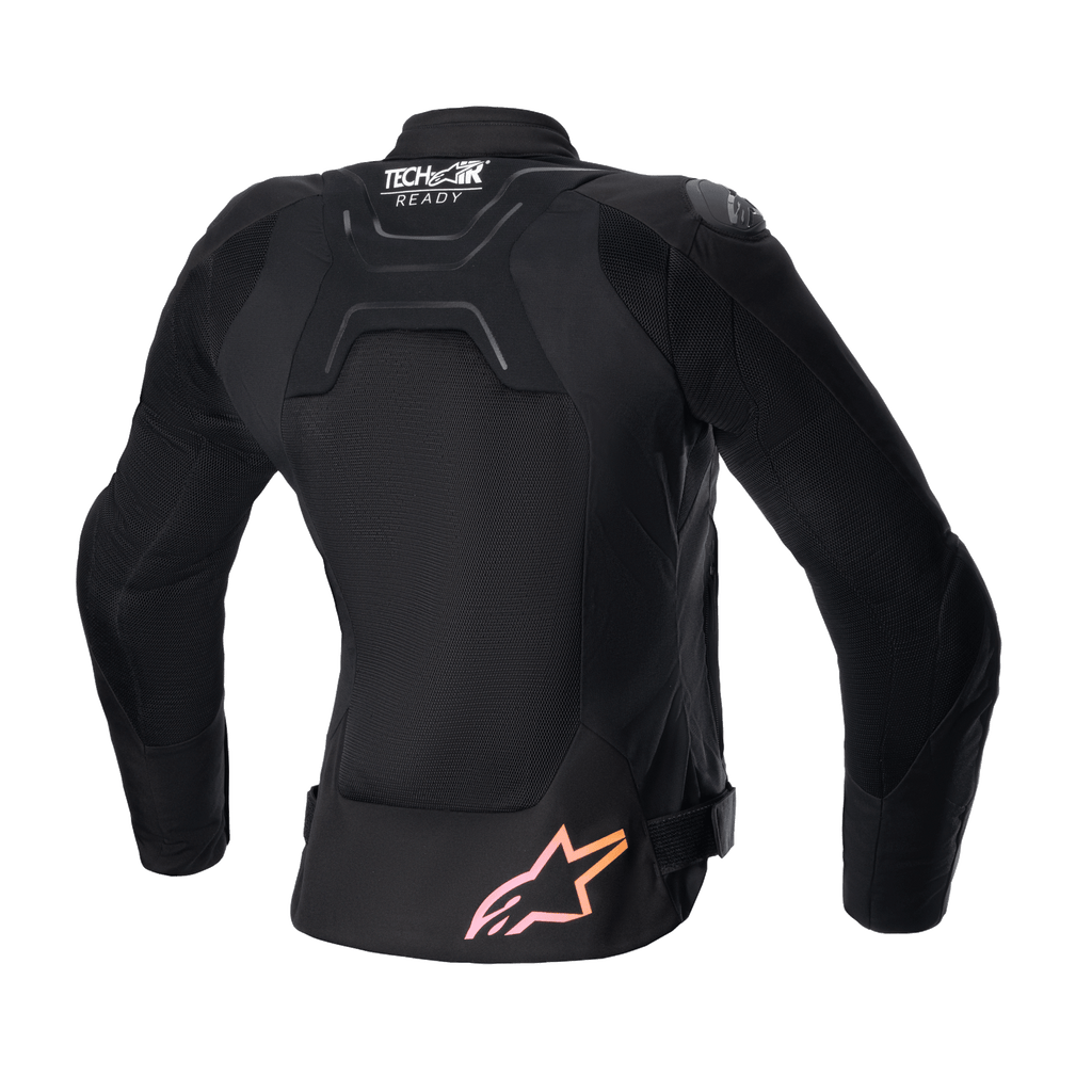Jaqueta Stella SMX Air Feminina Alpinestars, vista traseira, preta com painéis em malha, logótipo 'Tech-Air Ready' na parte superior das costas e logótipo de estrela com gradiente de rosa para laranja na parte inferior, jaqueta de proteção para motociclismo desportivo