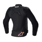 Jaqueta Stella SMX Air Feminina Alpinestars, vista traseira, preta com painéis em malha, logótipo 'Tech-Air Ready' na parte superior das costas e logótipo de estrela com gradiente de rosa para laranja na parte inferior, jaqueta de proteção para motociclismo desportivo