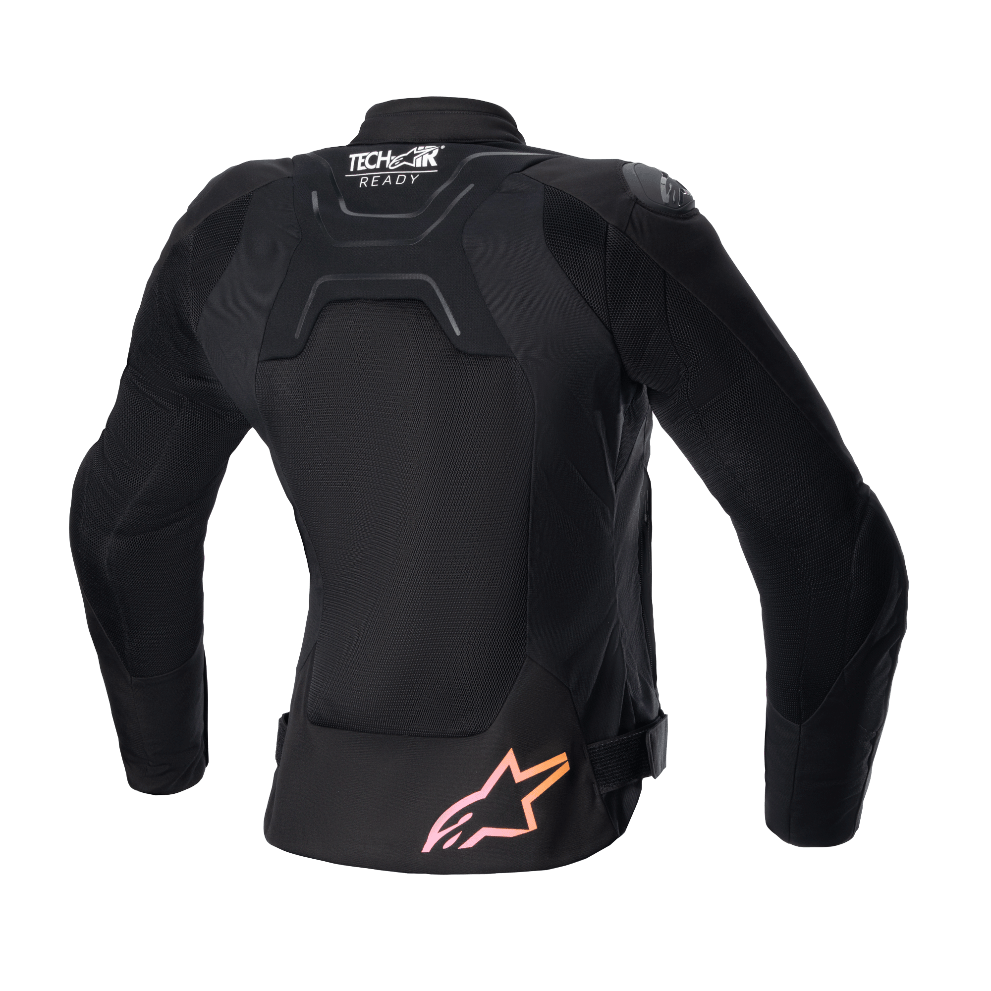 Jaqueta Stella SMX Air Feminina Alpinestars, vista traseira, preta com painéis em malha, logótipo 'Tech-Air Ready' na parte superior das costas e logótipo de estrela com gradiente de rosa para laranja na parte inferior, jaqueta de proteção para motociclismo desportivo