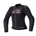 Casaco Alpinestars Stella SMX Air para Mulher, casaco de motociclismo, preto com logótipo em degradê rosa e amarelo, vista frontal com painéis de ventilação em malha, protetores de ombro DFS Lite e design ergonómico desportivo