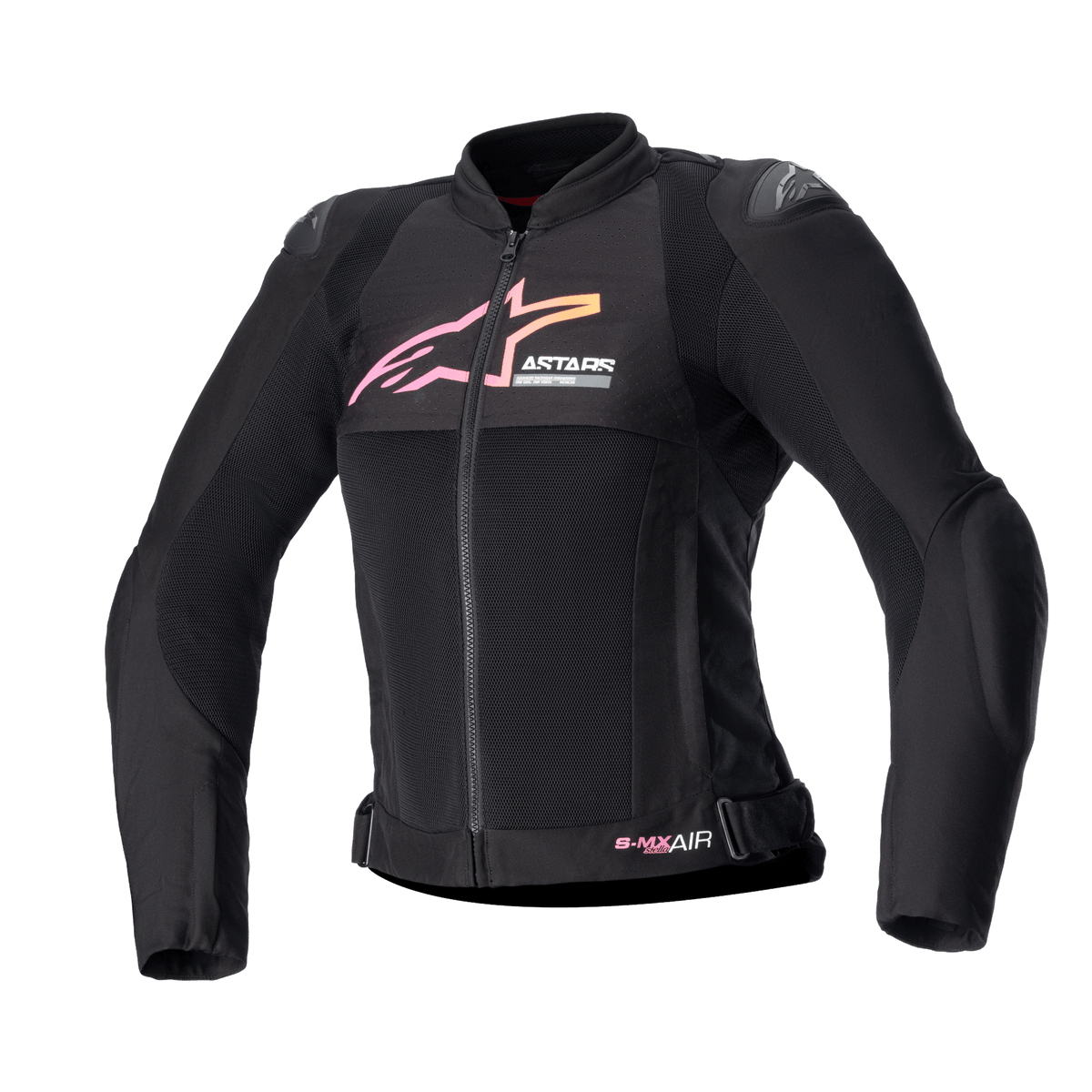 Casaco Alpinestars Stella SMX Air para Mulher, casaco de motociclismo, preto com logótipo em degradê rosa e amarelo, vista frontal com painéis de ventilação em malha, protetores de ombro DFS Lite e design ergonómico desportivo
