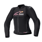 Casaco Alpinestars Stella SMX Air para Mulher, casaco de motociclismo, preto com logótipo em degradê rosa e amarelo, vista frontal com painéis de ventilação em malha, protetores de ombro DFS Lite e design ergonómico desportivo