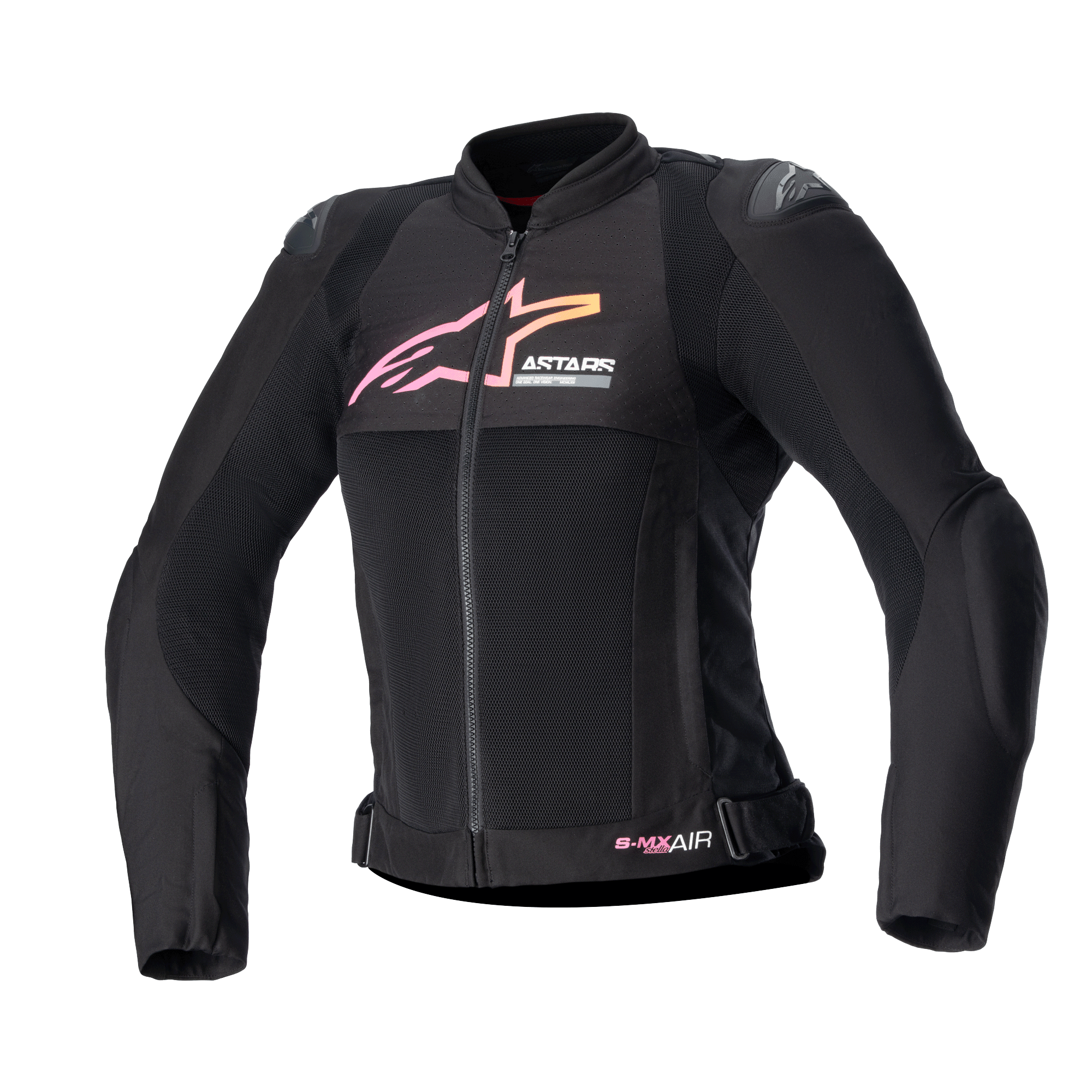 Casaco Alpinestars Stella SMX Air para Mulher, casaco de motociclismo, preto com logótipo em degradê rosa e amarelo, vista frontal com painéis de ventilação em malha, protetores de ombro DFS Lite e design ergonómico desportivo