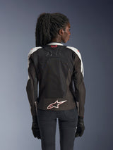 Alpinestars Stella SMX Air Jacket, Women's Motorcycle Jacket, Ice Gray and Black with Coral Fluo accents, back view showing Tech-Air Ready branding and white Astar logo, mesh chassis for high ventilation, sport-style fit