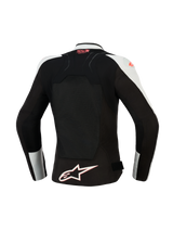 Alpinestars Woman Stella SMX Air Jacket, back view, Ice Gray and Black with Coral Fluo accents, featuring a large ventilated mesh back panel, Tech-Air Ready branding on the upper back, and a white Alpinestars star logo at the hem.