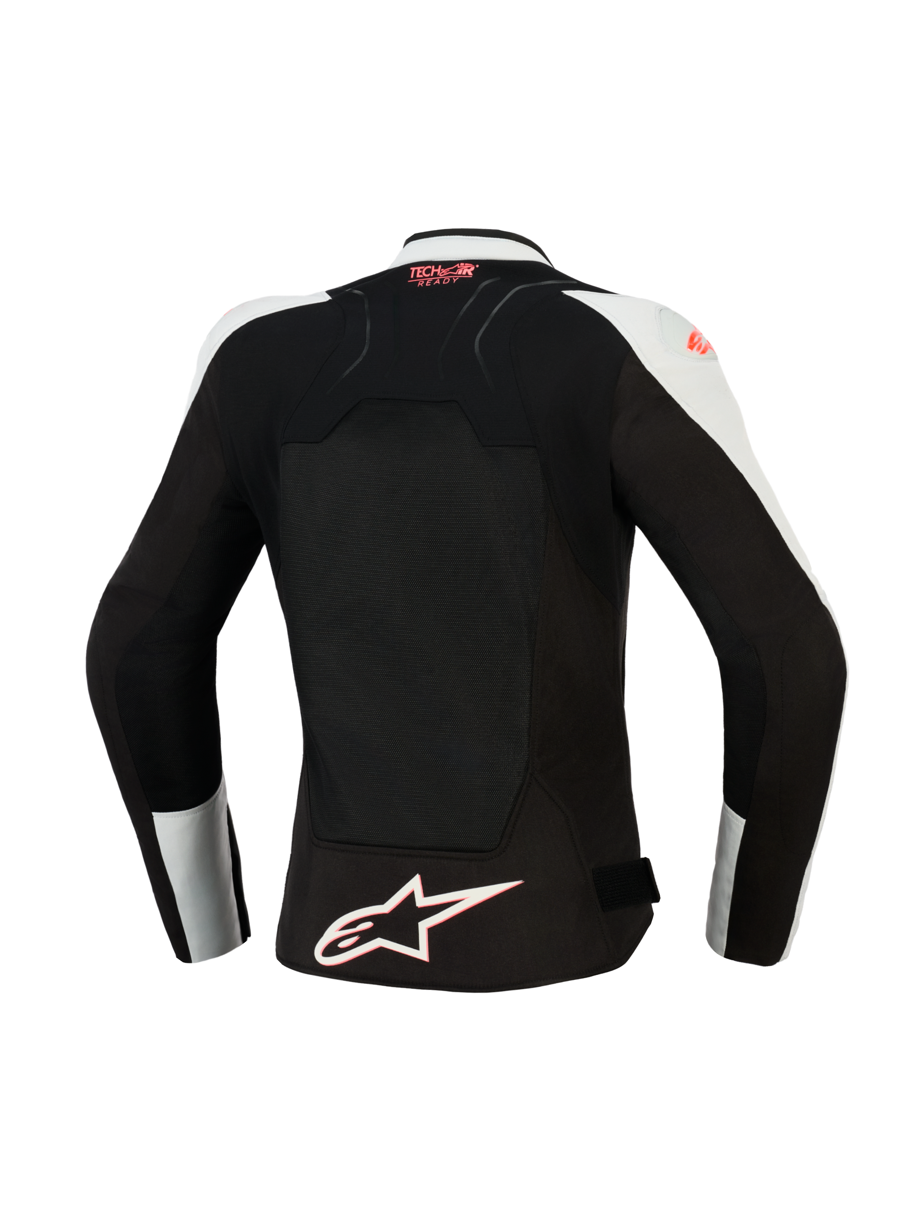 Alpinestars Woman Stella SMX Air Jacket, back view, Ice Gray and Black with Coral Fluo accents, featuring a large ventilated mesh back panel, Tech-Air Ready branding on the upper back, and a white Alpinestars star logo at the hem.