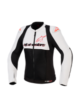 Alpinestars Stella SMX Air Jacket, Women's Motorcycle Jacket, Ice Gray Black and Coral Fluo, front view featuring perforated textile and mesh panels, coral Alpinestars logo on the chest and shoulder sliders