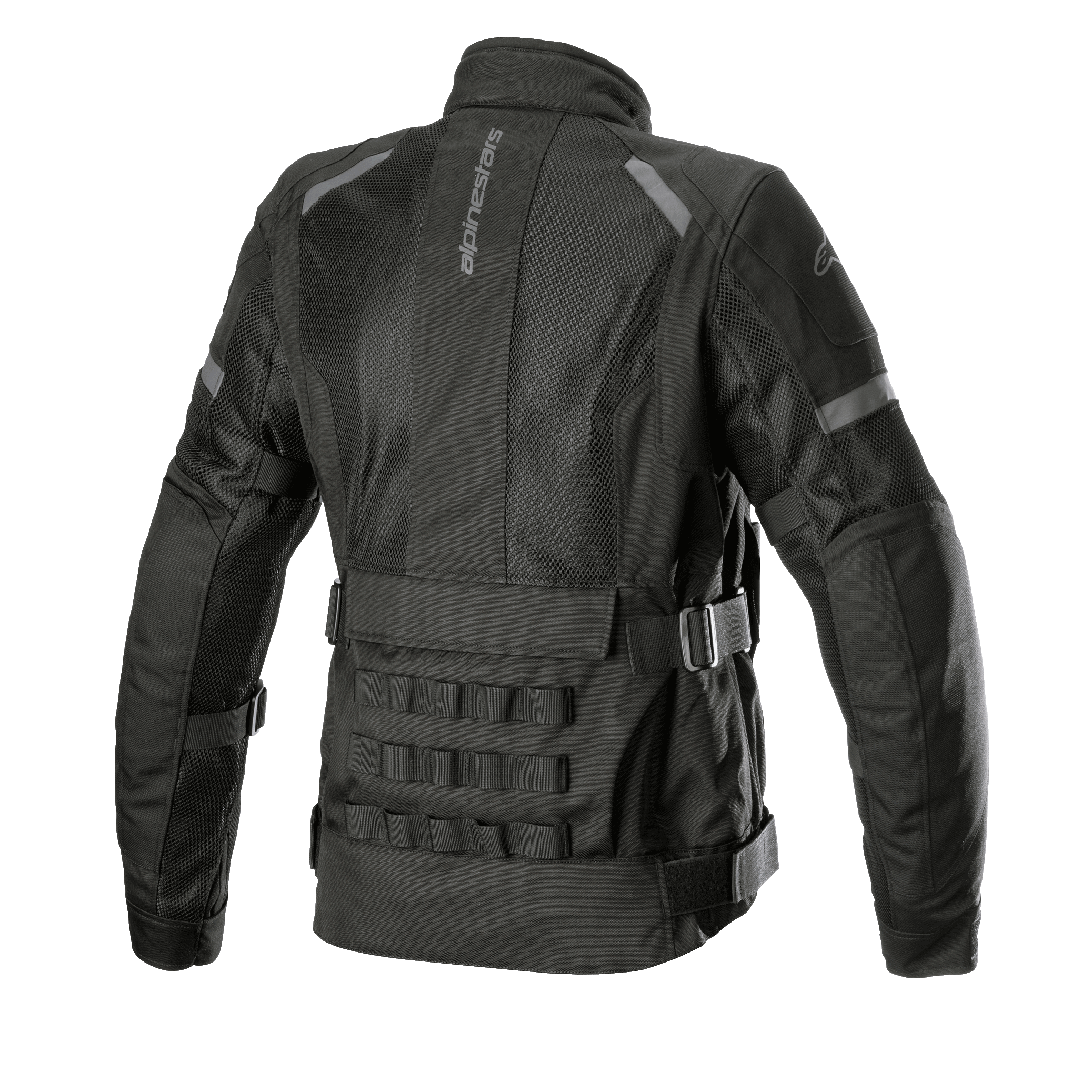 Alpinestars Stella Crosshill WP Air Feminino, casaco de touring para motociclismo, preto, vista traseira que mostra amplos painéis de malha para fluxo de ar, fitas modulares PALS de inspiração militar na parte inferior das costas e correias de ajuste de volume na cintura e nos braços.