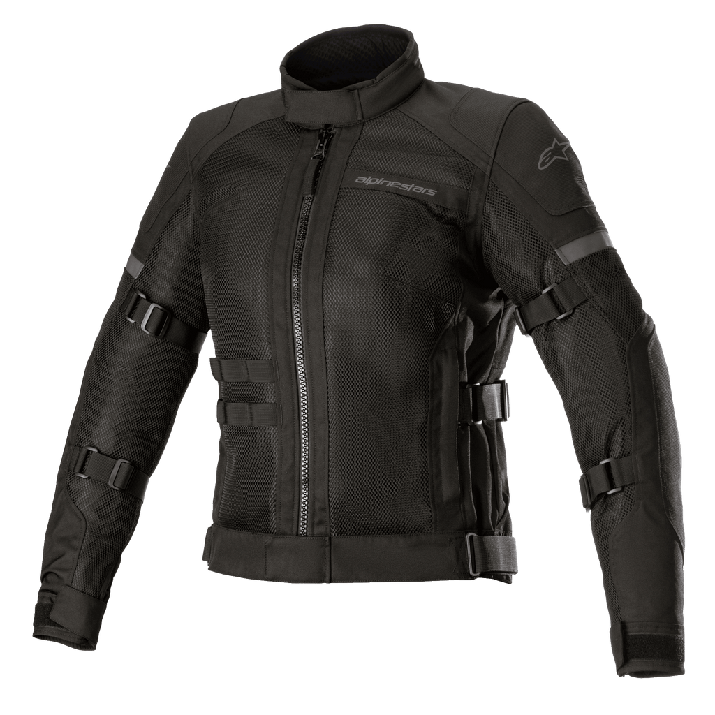 Alpinestars Stella Crosshill WP Air Jacket, casaco de moto para mulher, preto, com grandes painéis em malha técnica para fluxo de ar, cintas de ajuste de volume nas mangas e tronco, gola alta com fecho frontal, design touring elegante com logótipos subtis