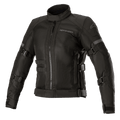 Alpinestars Stella Crosshill WP Air Jacket, casaco de moto para mulher, preto, com grandes painéis em malha técnica para fluxo de ar, cintas de ajuste de volume nas mangas e tronco, gola alta com fecho frontal, design touring elegante com logótipos subtis
