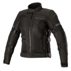 Alpinestars Stella Crosshill WP Air Jacket, casaco de moto para mulher, preto, com grandes painéis em malha técnica para fluxo de ar, cintas de ajuste de volume nas mangas e tronco, gola alta com fecho frontal, design touring elegante com logótipos subtis