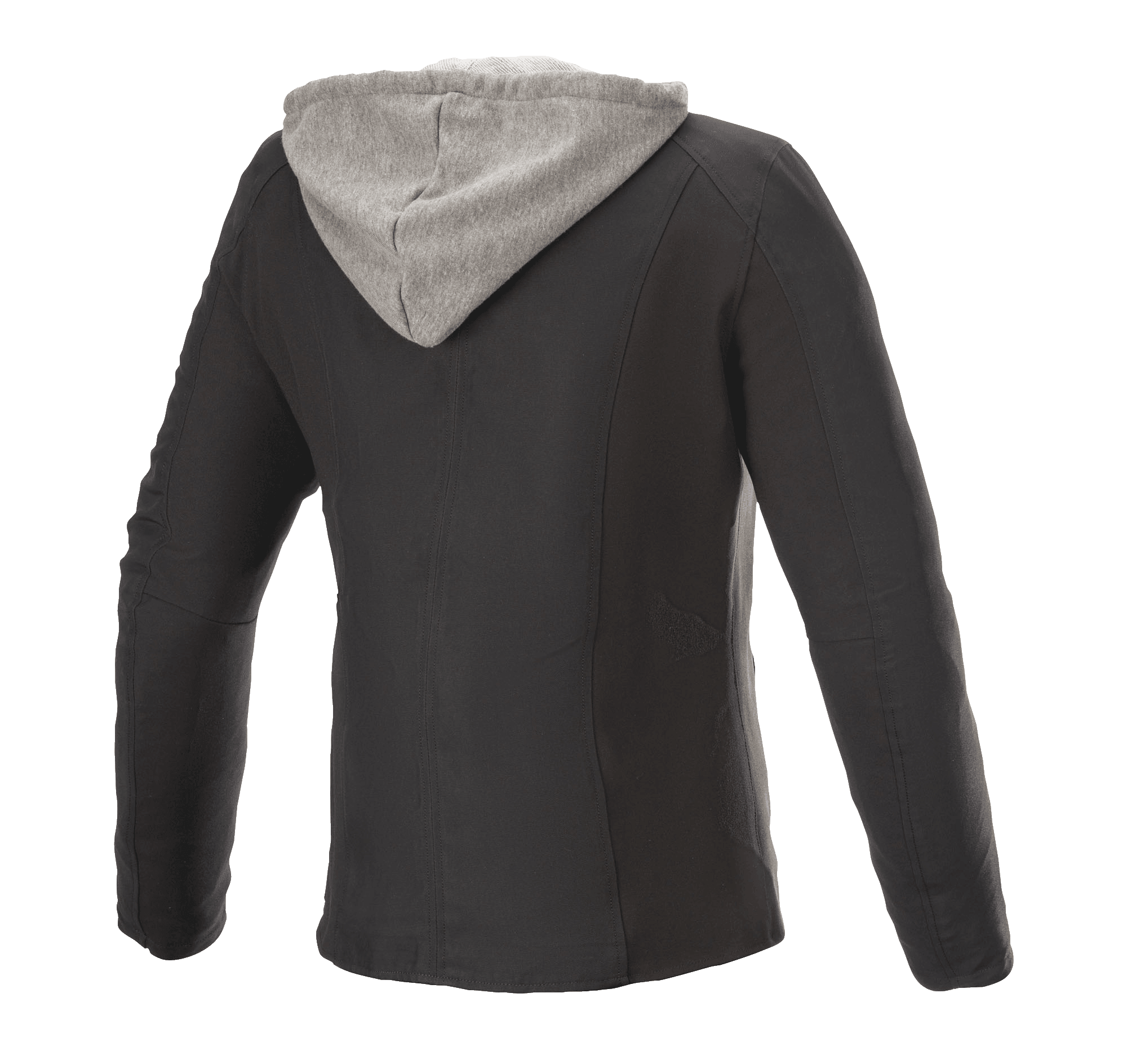 Alpinestars Bond Women's Jacket, jaqueta de pilotagem urbana, preta com capuz de lã cinzento, vista traseira, corte desportivo com acabamento em tecido encerado