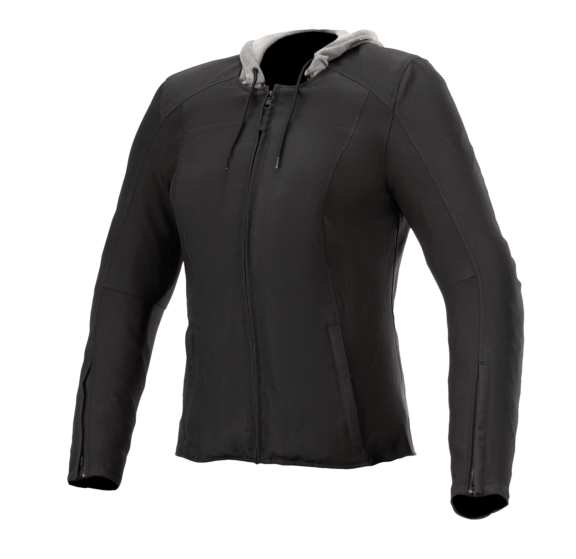 Casaco Alpinestars Bond para Mulher, preto com capuz cinzento, casaco de motociclismo urbano para mulher, fecho frontal, mangas compridas com fechos nos punhos, corte ajustado, tecido têxtil encerado suave