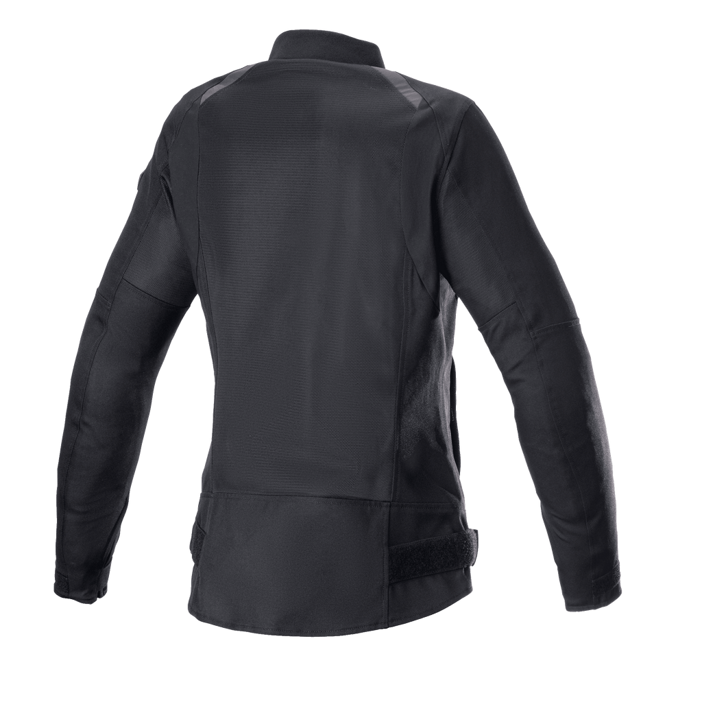 Alpinestars Eloise V2 Women's Air Jacket, casaco de motociclismo preto para mulher, vista traseira de estilo bomber, painéis de malha extensos para ventilação, perfil traseiro alongado, construção durável em poliéster 600D e malha