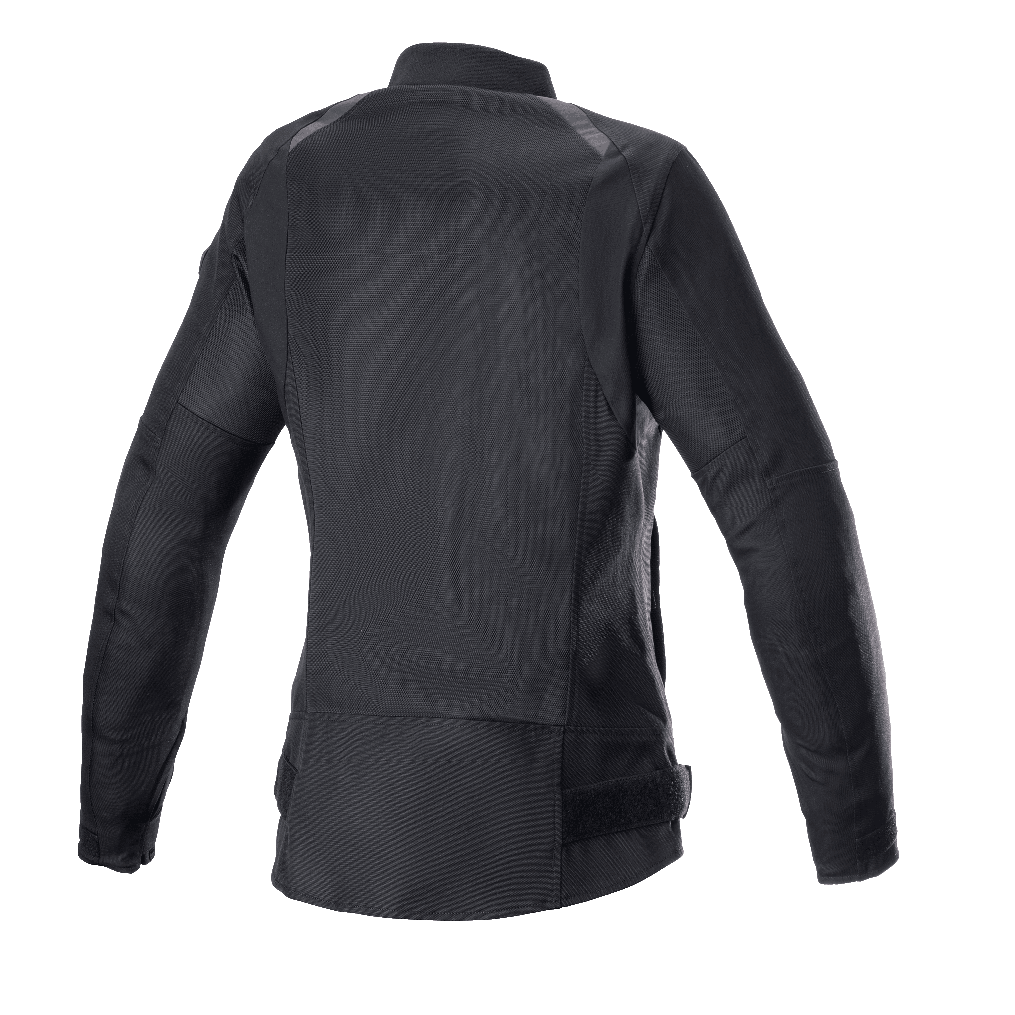Alpinestars Eloise V2 Women's Air Jacket, casaco de motociclismo preto para mulher, vista traseira de estilo bomber, painéis de malha extensos para ventilação, perfil traseiro alongado, construção durável em poliéster 600D e malha