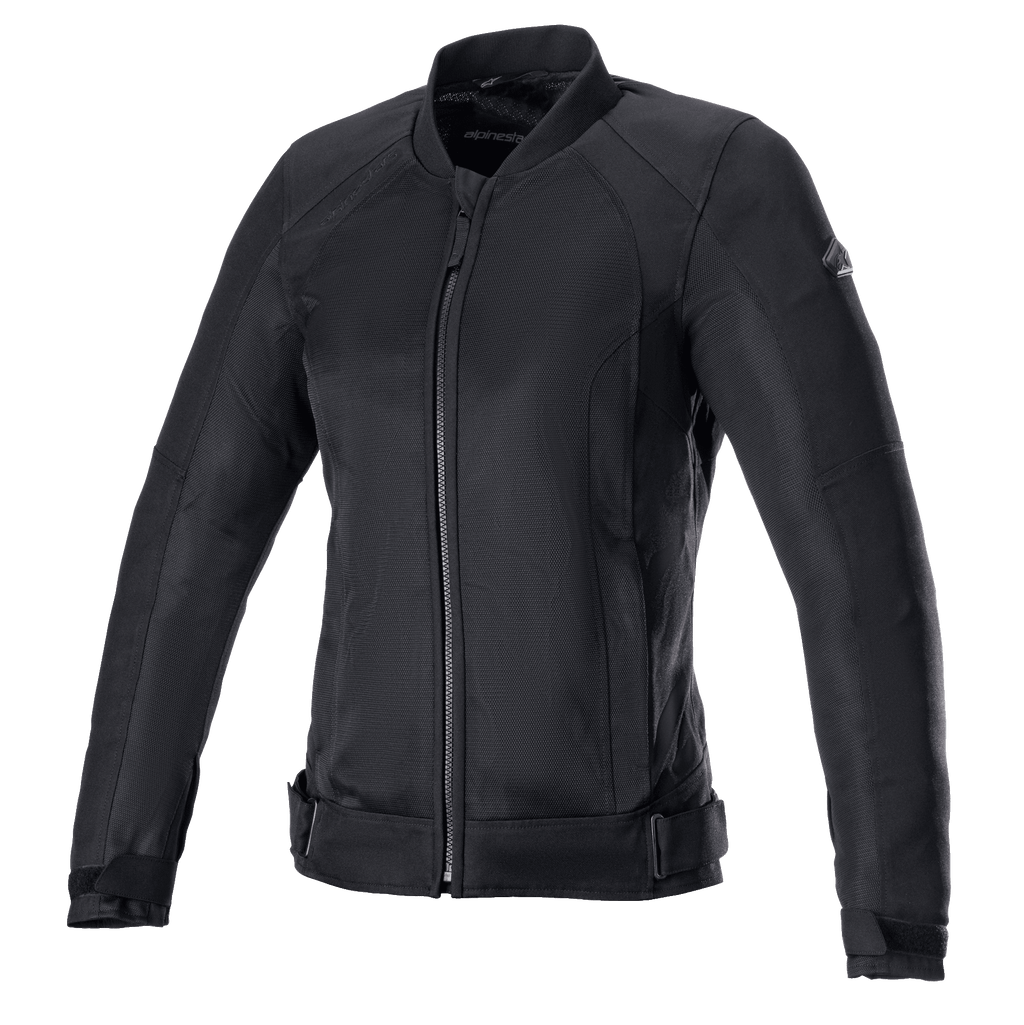 Alpinestars Eloise V2 Women's Air Jacket, casaco de motociclismo para mulher, totalmente preto com construção em têxtil e malha, fecho de correr frontal, colarinho alto e correias de ajuste na cintura, design elegante para condução urbana