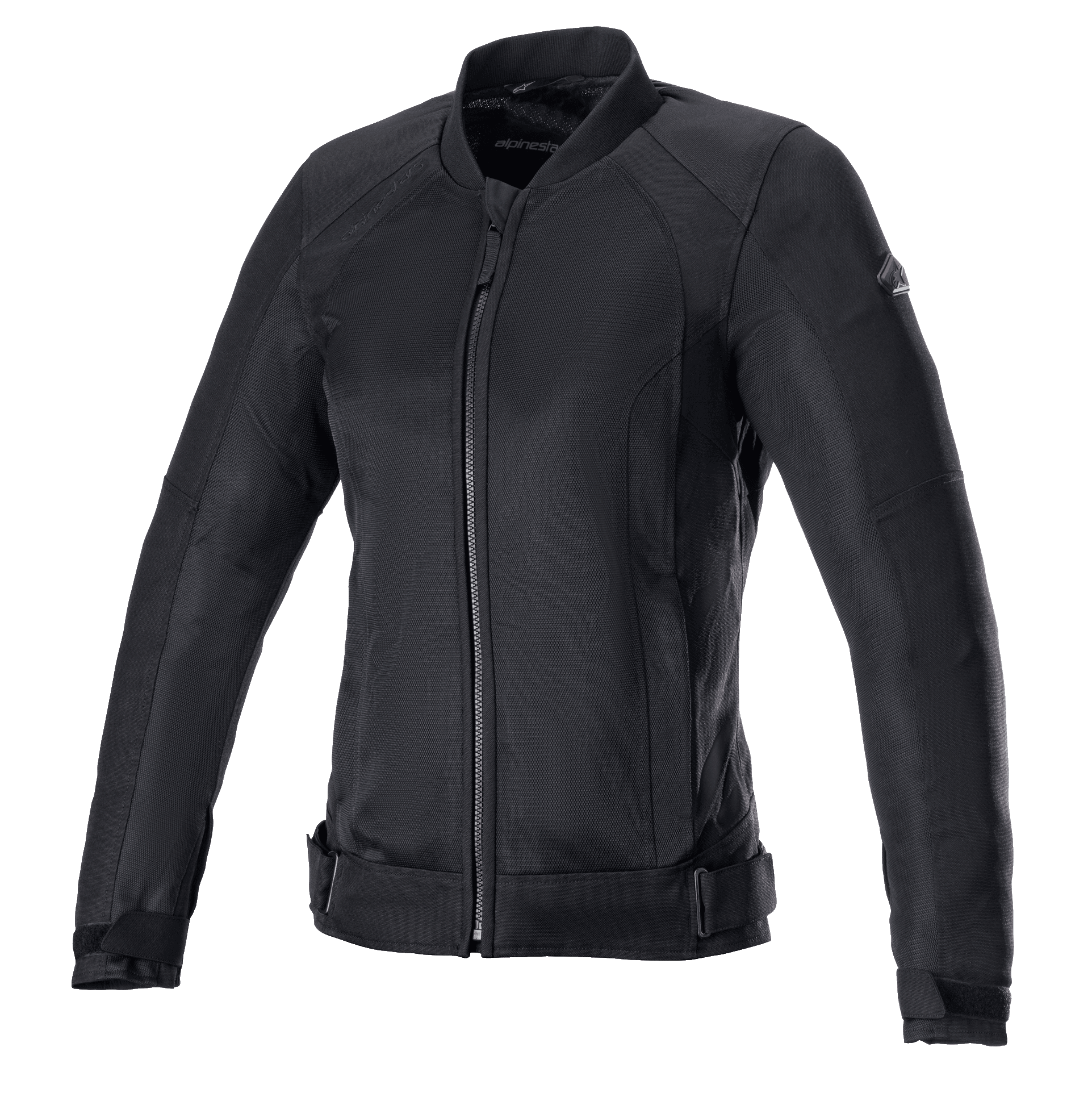 Alpinestars Eloise V2 Women's Air Jacket, casaco de motociclismo para mulher, totalmente preto com construção em têxtil e malha, fecho de correr frontal, colarinho alto e correias de ajuste na cintura, design elegante para condução urbana