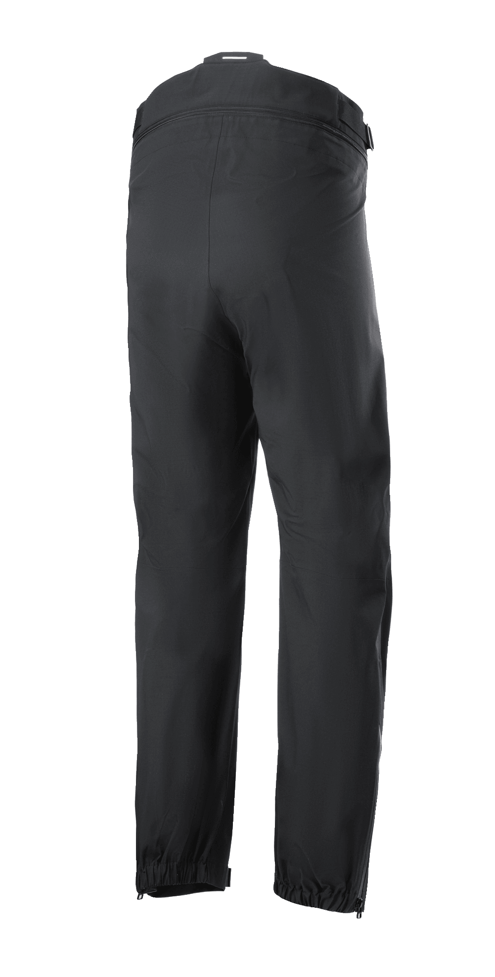 Alpinestars AMT Storm Gear Drystar® XF Pant, sobrecalças de motociclismo pretas, vista traseira com conetor de cintura com fecho de correr de circunferência completa, bainhas elásticas e aberturas de perna com fecho para condução em condições de chuva.