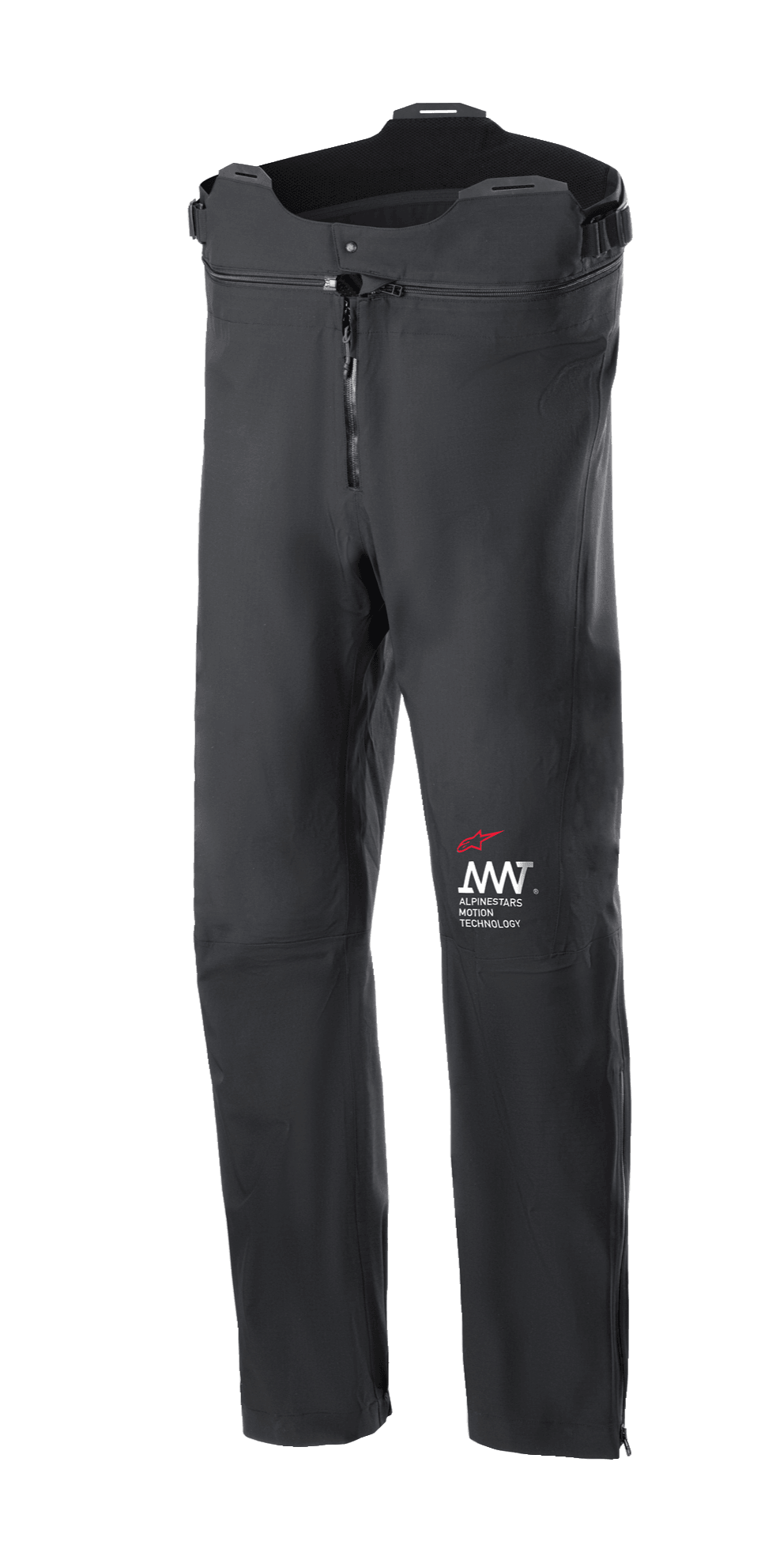 Alpinestars AMT Storm Gear Drystar XF Pant, calças de motociclismo touring pretas, impermeáveis e respiráveis, com fecho frontal, cintura ajustável com corte mais alto na parte de trás, construção durável com logótipo AMT vermelho e branco