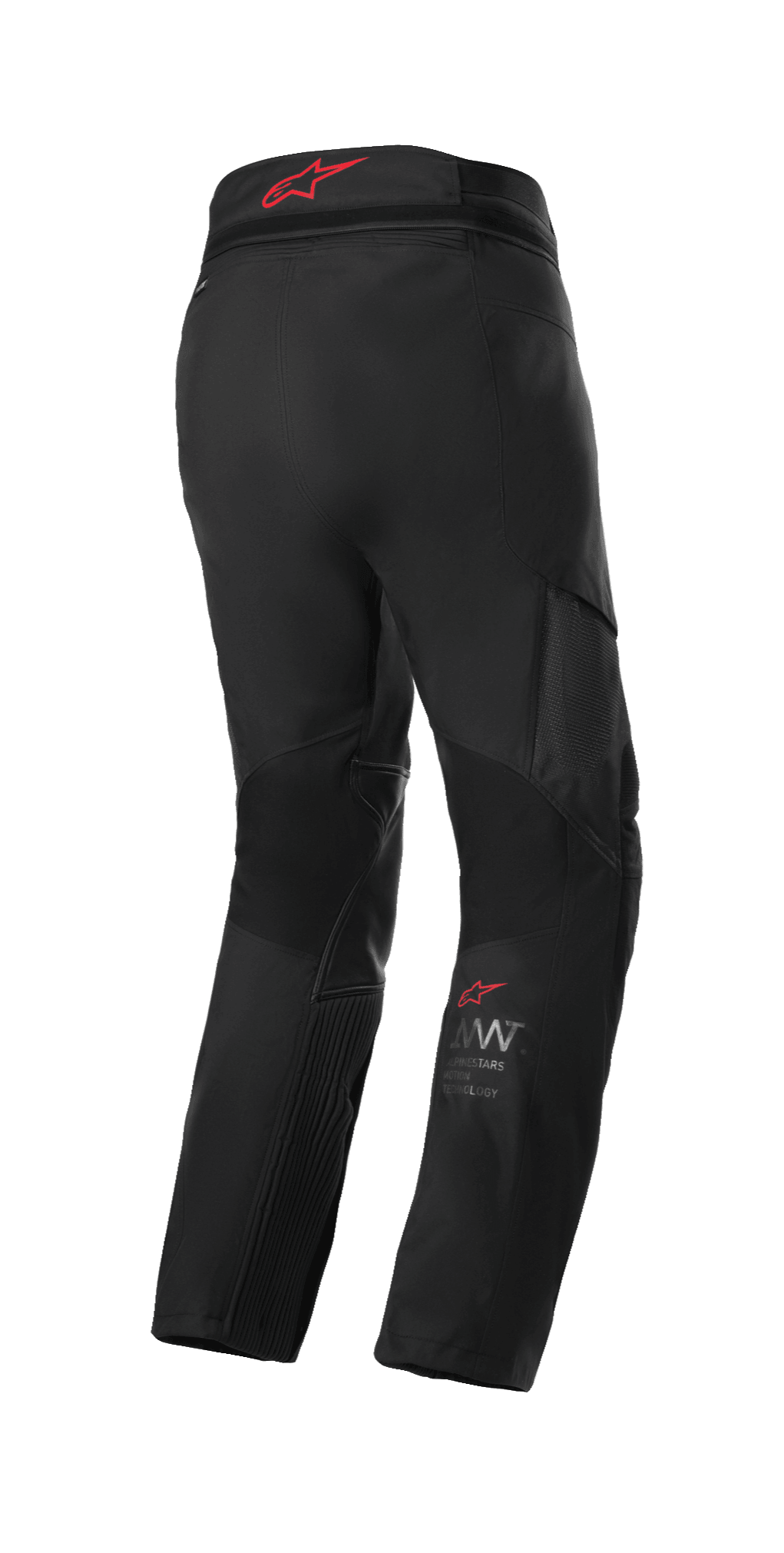 Alpinestars AMT 7 Air Pants, calças de motociclismo Adventure Touring, Preto Dark Shadow, vista traseira com logótipo Alpinestars vermelho na cintura, painéis de ventilação MATRYX e zonas elásticas para fluxo de ar e conforto.