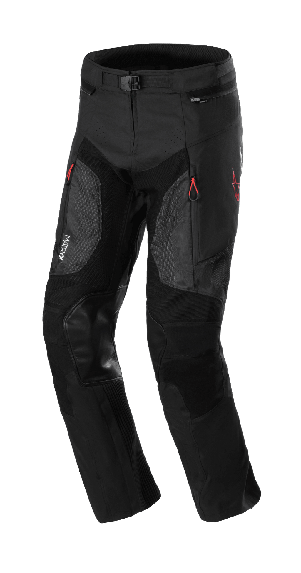Alpinestars AMT 7 Air Pants, calças de proteção para motociclismo, preto Dark Shadow, com painéis de ventilação MATRYX nas coxas, reforços em pele nos joelhos, puxadores de fecho vermelhos e cintura ajustável, construção têxtil durável para condução adventure