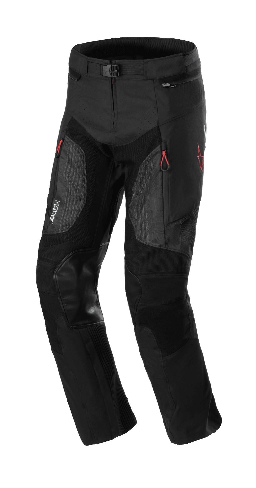 Alpinestars AMT 7 Air Pants, calças de proteção para motociclismo, preto Dark Shadow, com painéis de ventilação MATRYX nas coxas, reforços em pele nos joelhos, puxadores de fecho vermelhos e cintura ajustável, construção têxtil durável para condução adventure