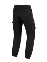 Alpinestars Flex-AST Cargo Pants, Black, rear three-quarter view, urban motorcycle pants featuring large side cargo pockets, elasticated hems, and subtle branding on the back pocket.