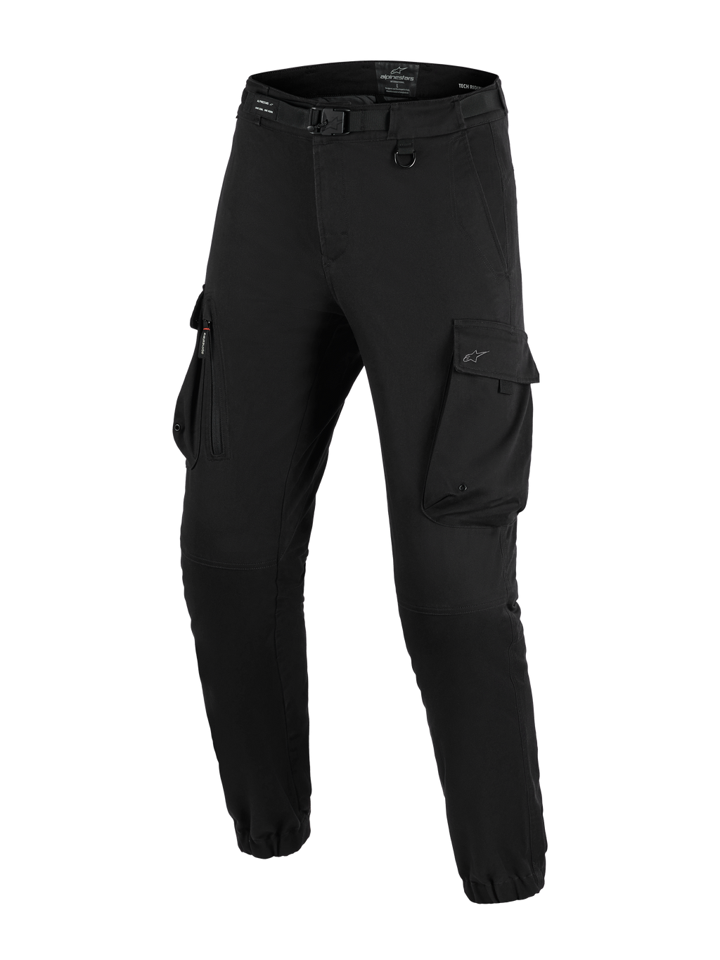 Alpinestars Flex-AST Cargo Pants, calças de motociclismo, pretas, com bolsos cargo grandes, cinto integrado com fivela, detalhe de argola em D, bainhas elásticas e corte afunilado para condução urbana de motociclismo