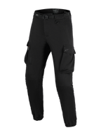 Alpinestars Flex-AST Cargo Pants, calças de motociclismo, pretas, com bolsos cargo grandes, cinto integrado com fivela, detalhe de argola em D, bainhas elásticas e corte afunilado para condução urbana de motociclismo