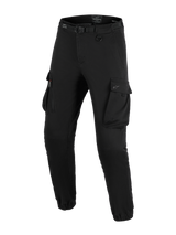Alpinestars Flex-AST Cargo Pants, Motorcycle Pants, Black, featuring large cargo pockets, integrated waist belt with buckle, D-ring detail, elasticated cuffs, and tapered fit for urban motorcycle riding