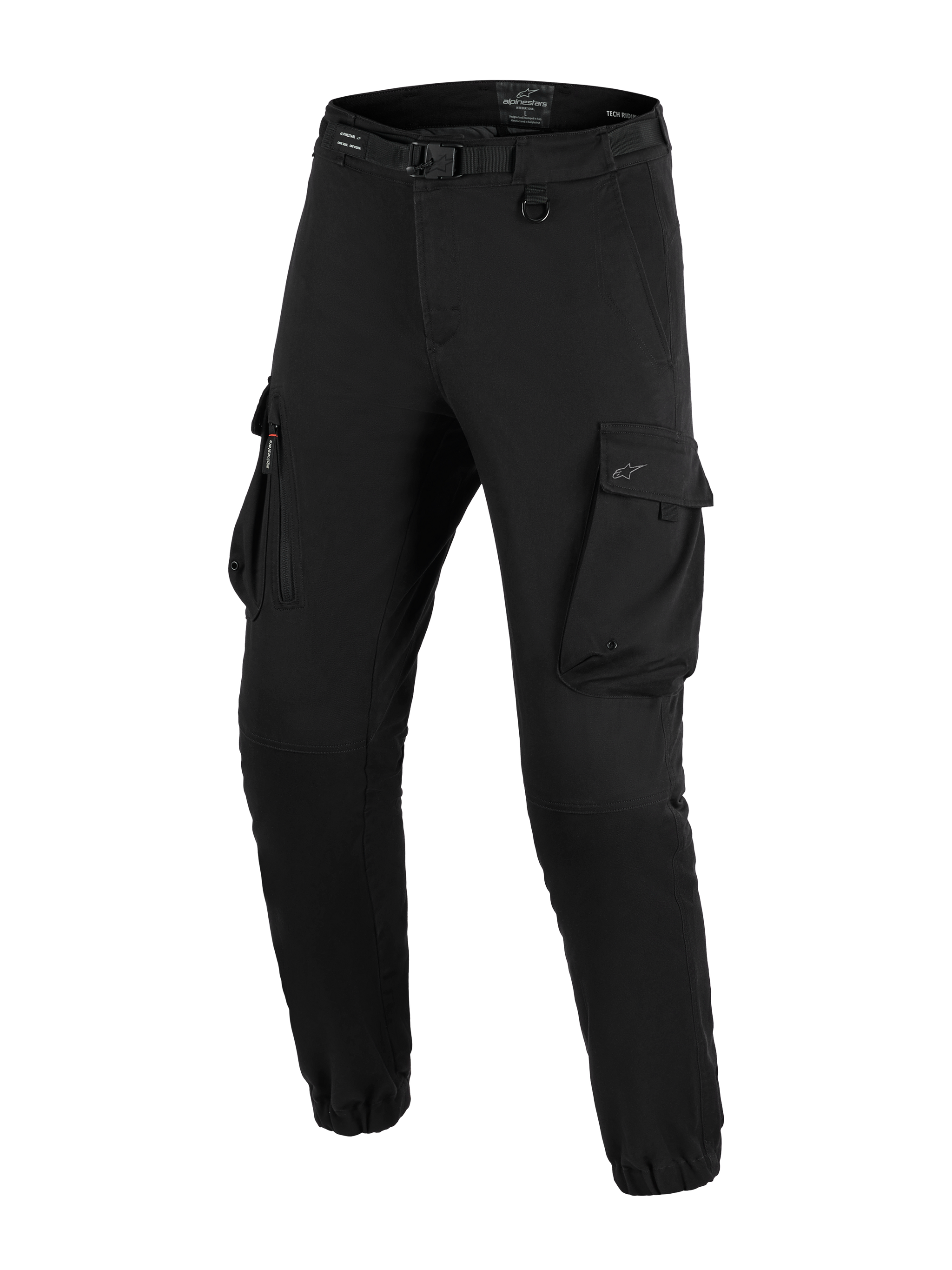 Alpinestars Flex-AST Cargo Pants, Motorcycle Pants, Black, featuring large cargo pockets, integrated waist belt with buckle, D-ring detail, elasticated cuffs, and tapered fit for urban motorcycle riding