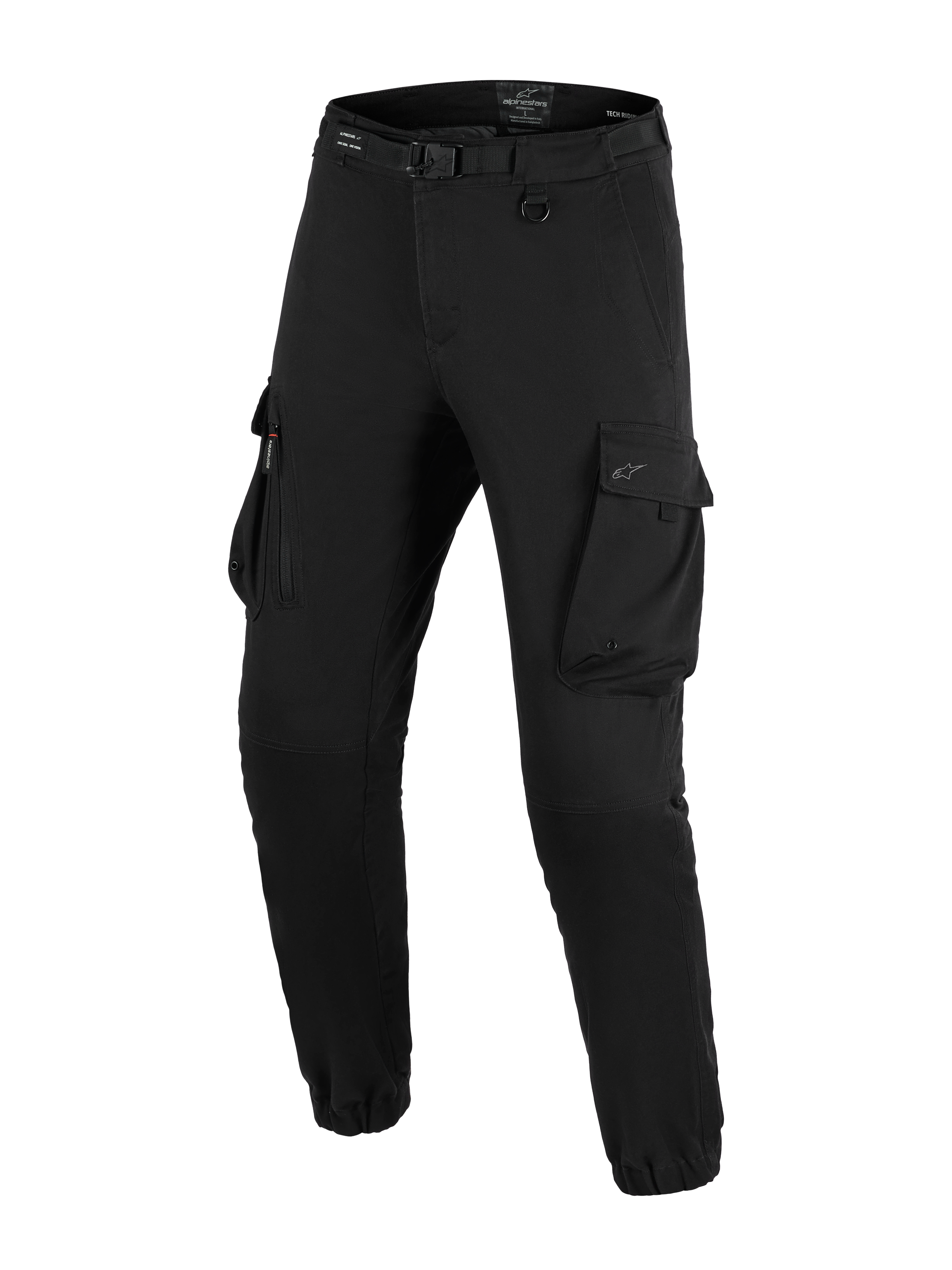 Alpinestars Flex-AST Cargo Pants, calças de motociclismo, pretas, com bolsos cargo grandes, cinto integrado com fivela, detalhe de argola em D, bainhas elásticas e corte afunilado para condução urbana de motociclismo