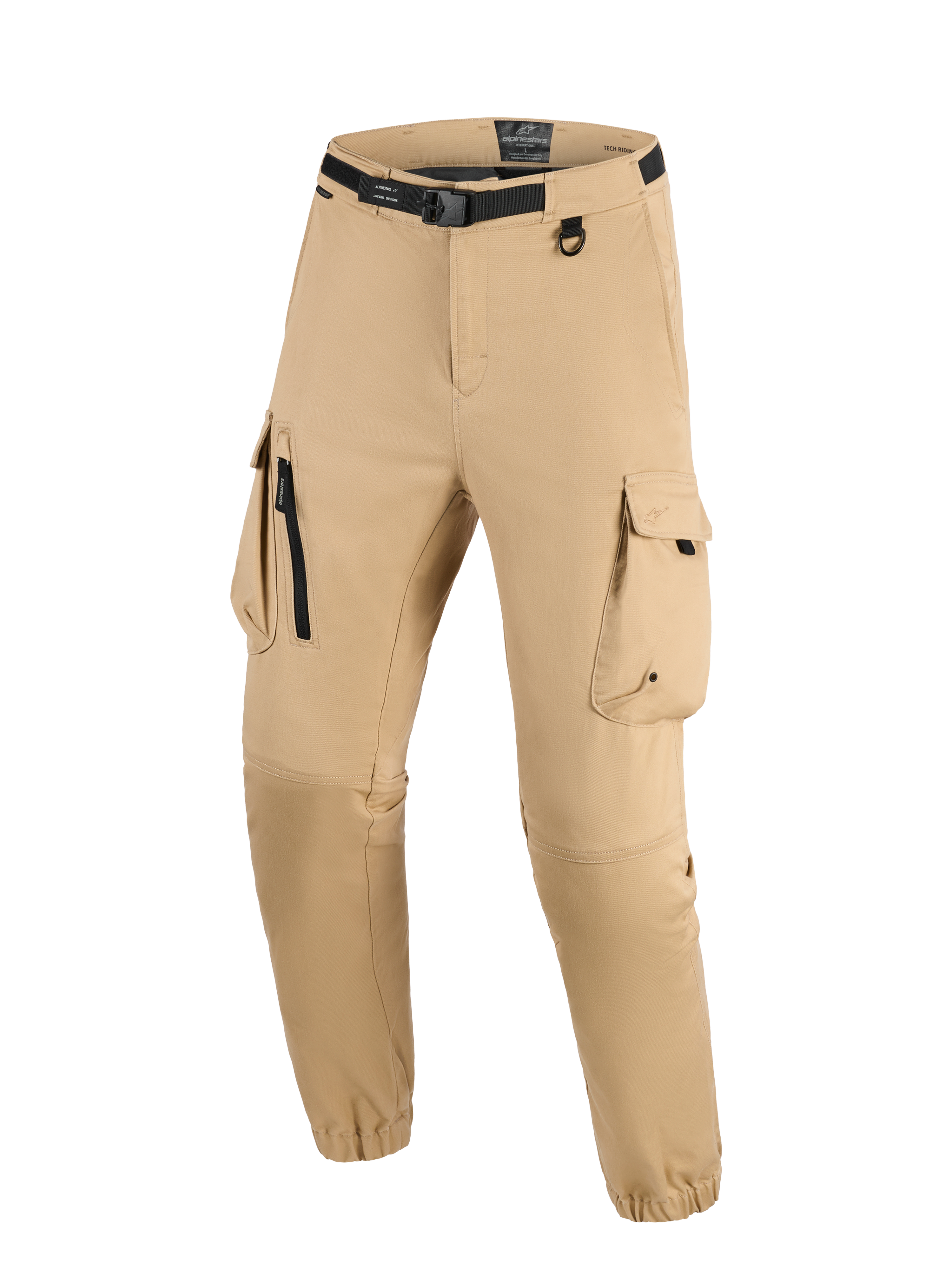 Alpinestars Flex-AST Cargo Pants, Light Beige, technical urban motorcycle pants featuring an integrated black belt with buckle, large cargo pockets with zip and flap details, D-ring, and elasticated hems, modern rugged style for riding.