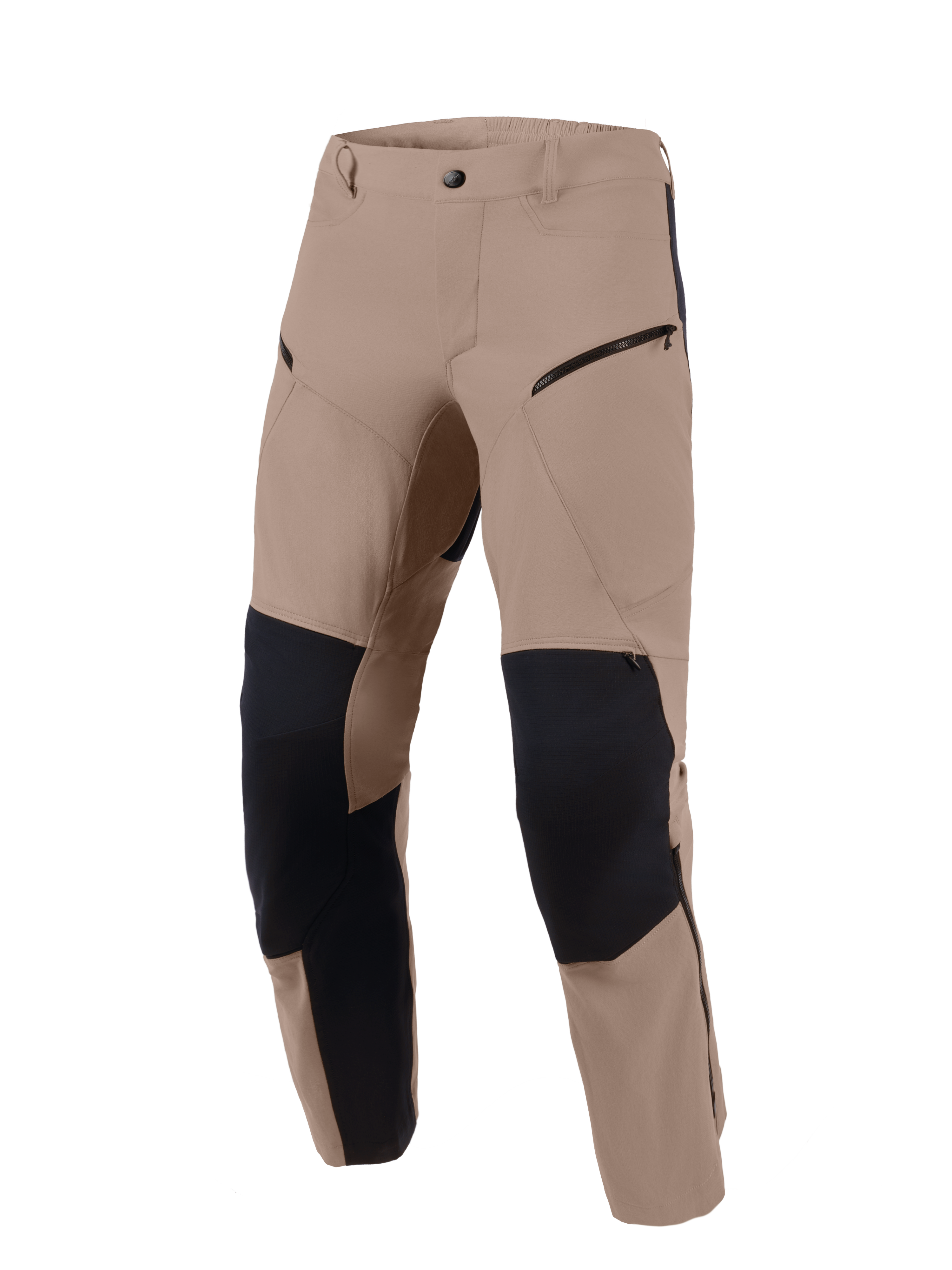 Alpinestars Flex-AST Explorer Pants, Walnut Black, adventure motorcycle pants featuring walnut brown stretch textile with black ripstop reinforcement panels on the knees and inner legs, zippered cargo pockets, and a durable design for diverse terrains.