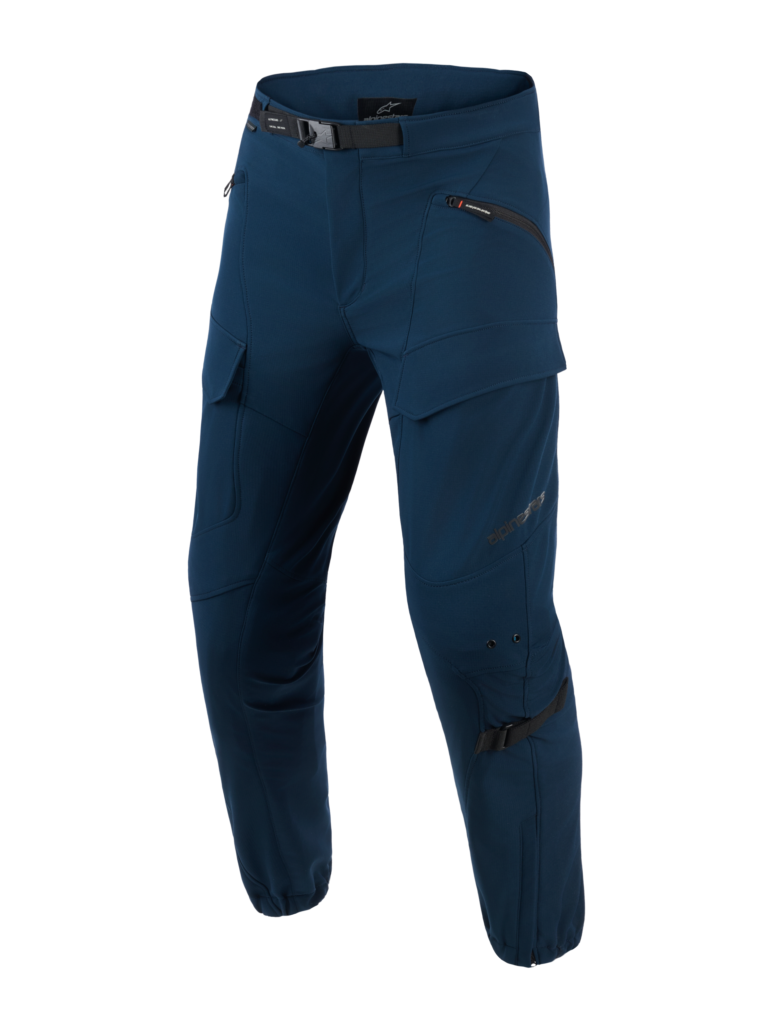Alpinestars Juggernaut V2 Riding Pants, Urban Motorcycle Pants, Night Navy, dark blue technical riding pants with multiple zippered pockets, adjustable black waist belt, reinforced knee areas with adjustment straps, slim fit design with zippered cuffs, softshell ripstop fabric for urban commuting