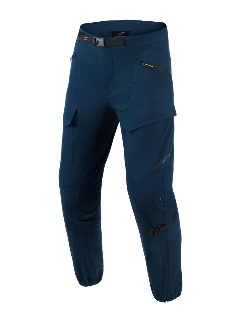 Alpinestars Juggernaut V2 Riding Pants, Dark Blue, motorcycle riding pants with multiple zippered pockets, adjustable black belt, reinforced knee areas, slim fit design with adjustable lower leg straps, smooth stretchy fabric for active wear