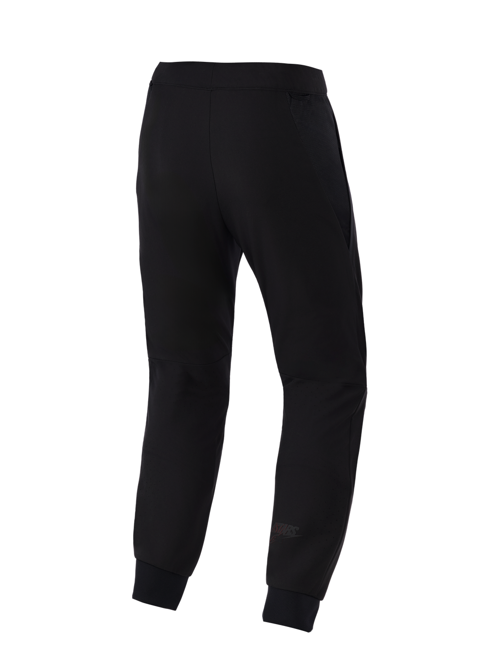 Calças Alpinestars Aeroshell Airflow, calças de motociclismo, pretas, vista traseira com chassis em softshell elástico leve, painéis de malha 2D integrados para respirabilidade, zonas da panturrilha perfuradas a laser e um logótipo Astars subtil na parte inferior da perna.