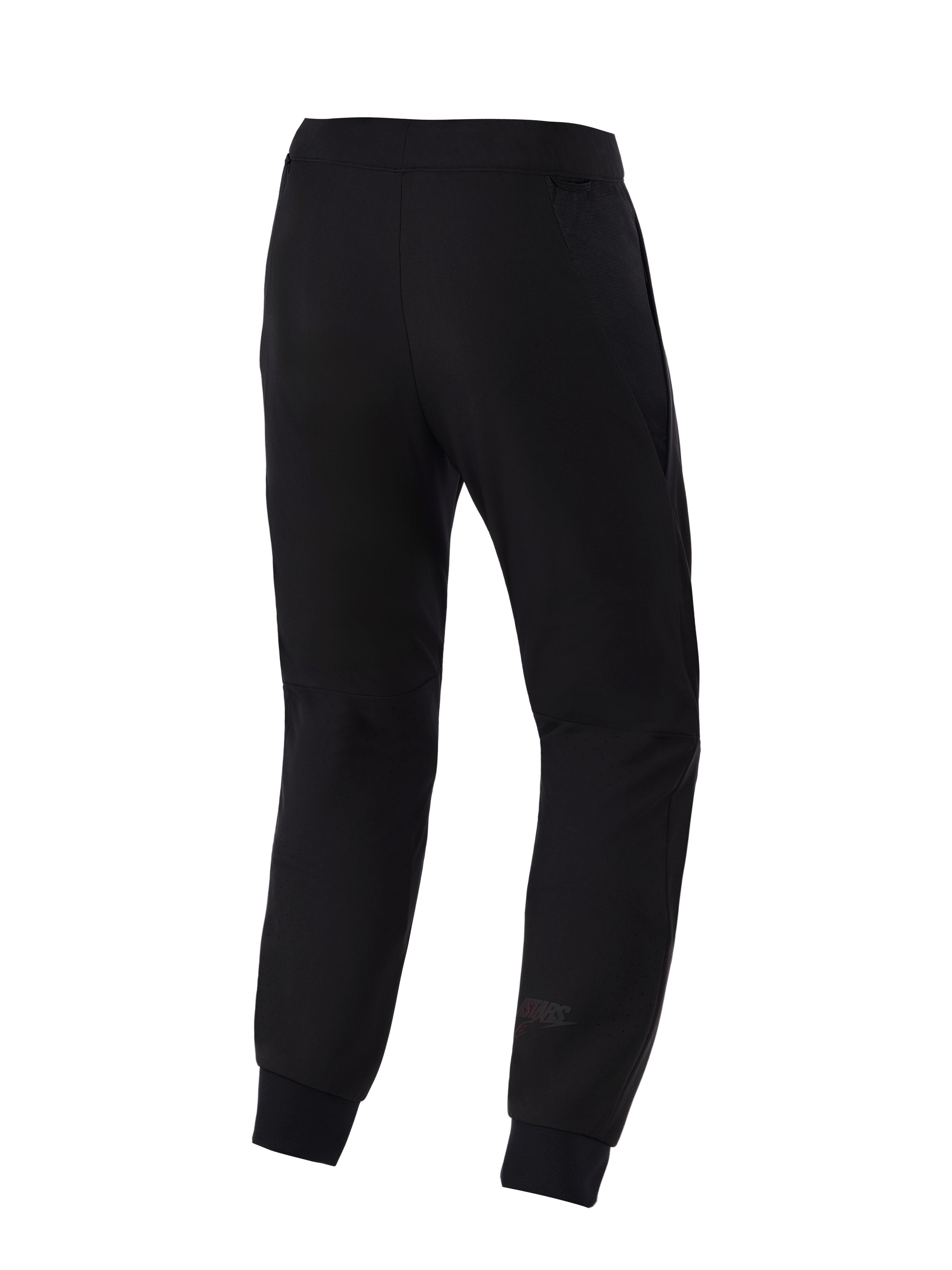 Calças Alpinestars Aeroshell Airflow, calças de motociclismo, pretas, vista traseira com chassis em softshell elástico leve, painéis de malha 2D integrados para respirabilidade, zonas da panturrilha perfuradas a laser e um logótipo Astars subtil na parte inferior da perna.