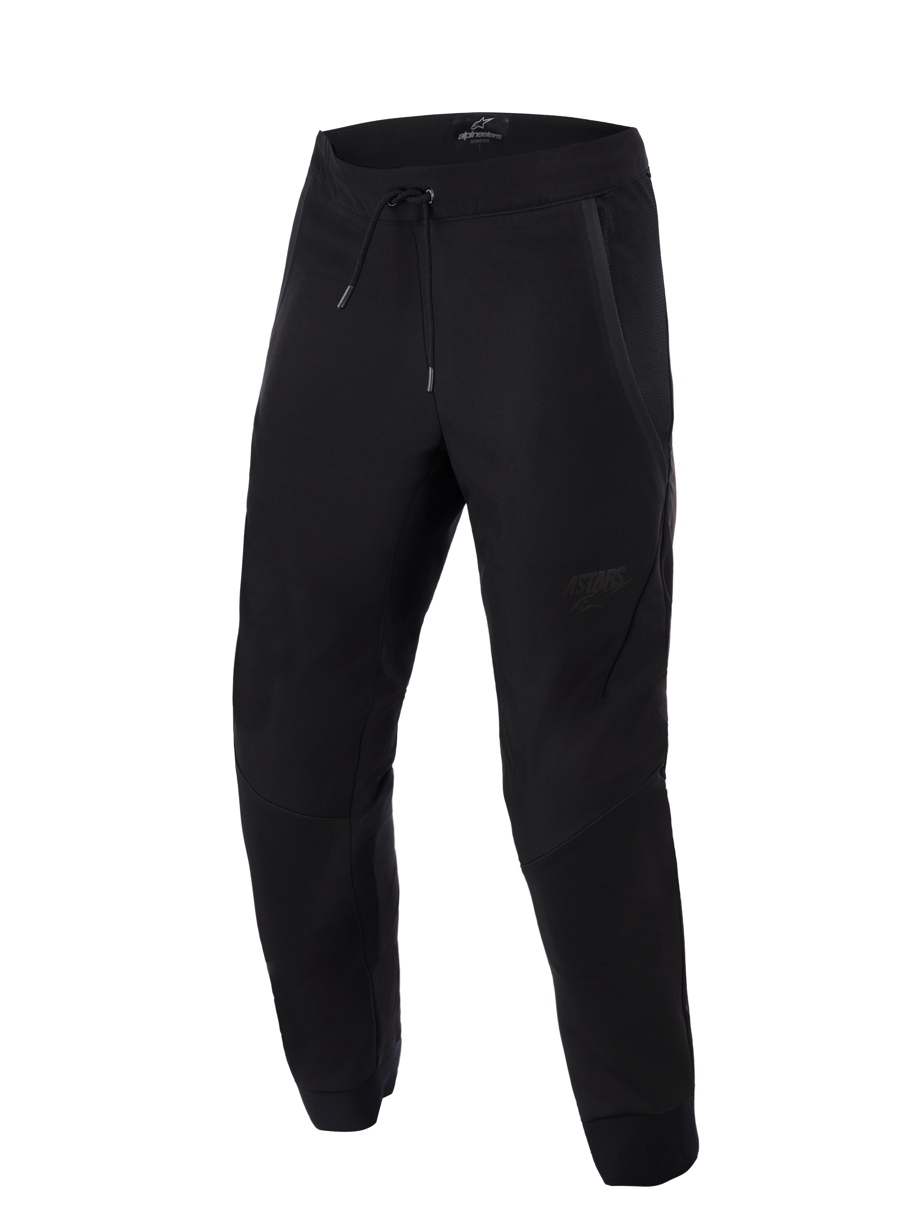 Calças Alpinestars Aeroshell Airflow, pretas, calças de motociclismo leves para desporto e turismo, com painéis de malha extensos para ventilação, cintura elástica com cordão, pernas pré-curvadas e logótipo tonal subtil na coxa.