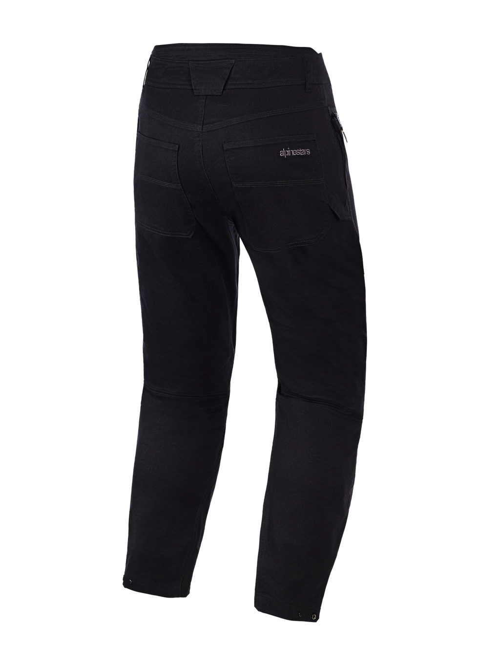 Calças Alpinestars Flex-AST Canvas, Pretas, vista traseira, calças de motociclismo em estilo clássico de roupa de trabalho com o logótipo Alpinestars no bolso traseiro, pespontos decorativos contrastantes e fechos de mola ajustáveis nas bainhas das pernas